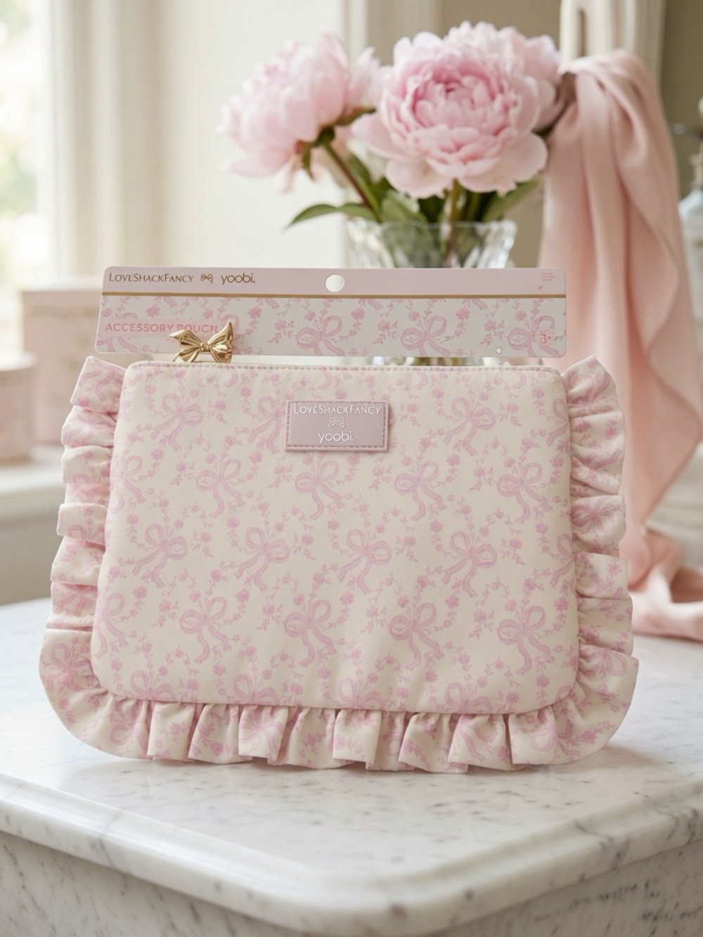 LoveShackFancy Pink Floral Ruffle Accessory Pouch